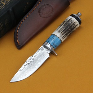 มีดสกินเนอร์เหล็กดามัสกัสแบบสั่งทำพิเศษ ด้ามเขาสัตว์ ใบมีดแบบ Fixed Blade ปลายแหลมตรง พร้อมปลอกหนัง - Product Image 5