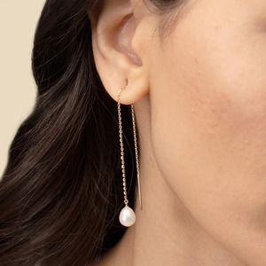 Boucles d'oreilles pendantes en or jaune 9K avec perle blanche, chaîne longue, style minimaliste, bijoux fins, vente en gros - Product Image 5