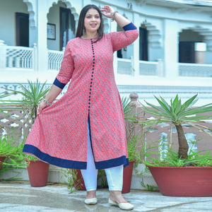 Kurta Anarkali en rayonne à imprimé géométrique rose, grande taille, col rond, manches trois quarts, léger, pour occasions spéciales - Product Image 2