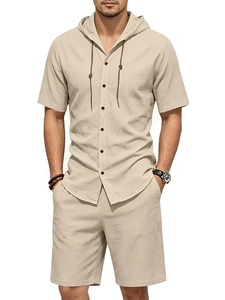 Men Breathable Knitted Solid Hooded Shirt Set Short Sleeve Button-Up Top and Elastic Waist Shorts Casual Summer Outfit - Product Image 3