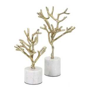 Set of 2 Gold Metal <b>Tree</b> Branch Sculptures Abstract Twig Coral Figurines Nordic <b>Tabletop</b> Centerpiece White Cylinder Marble Base - Product Image 1