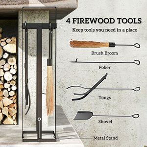 Ensemble de 5 outils de cheminée en métal noir pour intérieur/extérieur avec brosse, balayette, pioche, pelle, pinces et support - Product Image 4
