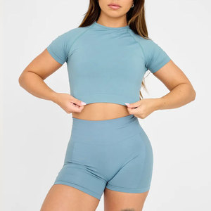 T-shirt court moulant pour femme, col montant, manches courtes, extensible dans les quatre sens, idéal pour le sport et la gym - Product Image 1