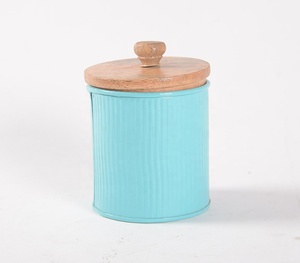 Galvanized Iron & Mango Wood Small Canister Food Container for Use in Fridge for Food <b>Spice</b> Honey Pizza Free Sample Custom Logo - Product Image 1