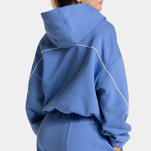 <b>Women</b> Custom Letter Print Hooded Tracksuit Set Blue Cotton Loose Fit Sweatshirt and <b>Sweatpants</b> with Side Pockets - Product Image 2