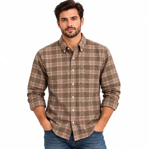 Camisa de franela a cuadros marrón para hombre, manga larga, con botones, informal, con bolsillo en el pecho - Product Image 2