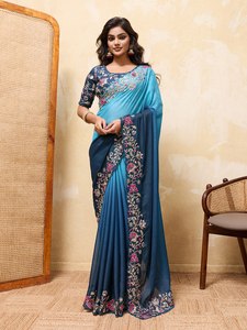 Sari de Diseño con Bordado Floral para Mujer, Sari de Georgette Suave para Fiestas y Bodas con Blusa a Juego, Venta al Por Mayor - Product Image 3
