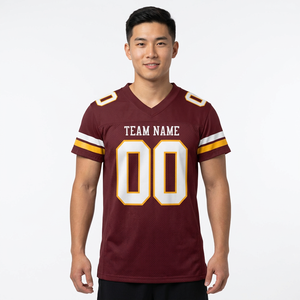 Maillot de football américain personnalisé bordeaux avec rayures blanches et dorées, uniforme de sport à manches courtes avec nom d'équipe personnalisé - Product Image 1