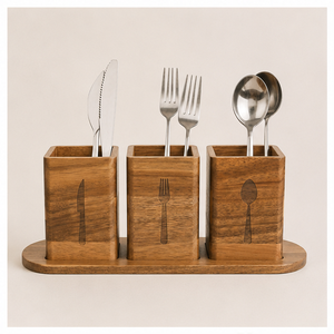 Handcrafted Acacia Wooden Cutlery Holder With Tray 3-Compartment Utensil <b>Caddy</b> & Silverware Organizer For <b>Kitchen</b> Countertop - Product Image 3