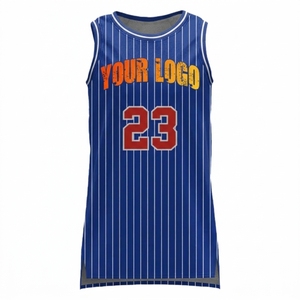 Maillot de basket-ball pour homme sans manches à col en V, 100 % polyester, séchage rapide, impression numérique OEM, bleu rayé, nom de l'équipe, logo, numéro personnalisés - Product Image 1