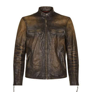 Unisex Autumn Retro Washed Leather <b>Biker</b> <b>Jacket</b> with Gradient Zip Design Waterproof & Windproof Solid Pattern Standing Collar - Product Image 1