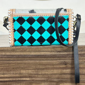 Checkered-Pattern Cowhide Crossbody Clutch Multi-Compartment Sling Bag for Daily Use <b>Hand</b> Tooled Leather Wristlet Handbag Purse - Product Image 5