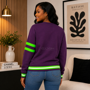 Cosh International Sisterhood Sorority <b>Purple</b> Knitted <b>Cardigan</b> V-Neck Long Sleeve Casual Top With Green White Stripes Button - Product Image 5