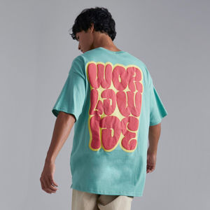 T-shirt à manches courtes pour homme, couleur turquoise, avec impression de lettres rouges et jaunes, vêtement décontracté d'été, coton respirant, design de logo sur le devant - Product Image 3