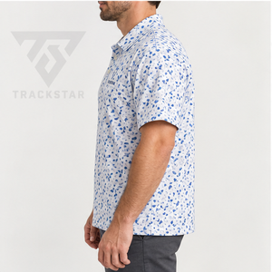 เสื้อโปโลผู้ชาย Trackstar สีขาว-น้ำเงิน ลายใบไม้แบบนามธรรม แขนสั้น คอปกติดกระดุม เสื้อกอล์ฟลำลอง สกรีนโลโก้ได้ - Product Image 3