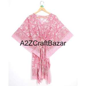 Kaftán Corto Hecho a Mano en India con Estampado Floral, Ecológico, Lavable, Ropa de Dormir Natural, Kimono, Vestido, Cubrebaño Corto para la Playa - Product Image 1