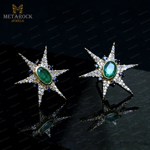 Natural <b>Emerald</b> Genuine Diamond 14k Yellow Gold Star <b>Stud</b> Earrings Blue Sapphire Fine Jewelry Wholesale - Product Image 6
