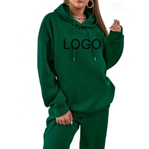 Women Green Hooded <b>Sweatshirt</b> Set Cotton Full Sleeve Loose Fit Casual Tracksuit With Side Pockets Autumn Wear - Product Image 1