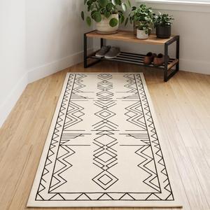 Tapis de couloir exclusif en laine bouclée tissée à la main, style scandinave, crème et noir, couleur unie, antidérapant, à poils moyens, avec support en toile de coton - Product Image 1