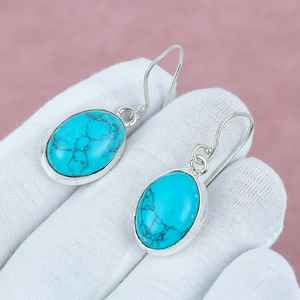 Boucles d'oreilles pendantes en argent sterling 925 turquoise bleu, bijoux bohèmes faits à la main, pierre naturelle, boucles d'oreilles pour femmes, vente en gros - Product Image 3