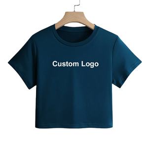 Camiseta recortada para mujer, Tops de algodón de verano, colores sólidos, ropa de mujer con cuello redondo en blanco, talla grande, precio al por mayor, logotipo personalizado - Product Image 5