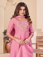 Baju Anarkali Katun Pink Bordir di Leher dan Lengan, Potongan Regular, Pakaian Tradisional India Pakistan untuk Wanita, Bebas Kerut