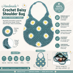 Bolso Tote de Ganchillo para Mujer, Diseño de Margaritas Azules, Estilo Bohemio, Bolso de Hombro Hecho a Mano para Playa de Verano, Cierre Abierto - Product Image 6