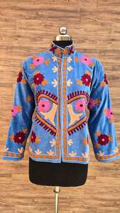 Handmade Multi Coloured Abstract Suzani Embroidered Jacket Vintage Boho Luxury Velvet <b>Coat</b> Artisan Hand <b>Stitch</b> Women Outerwear - Product Image 3