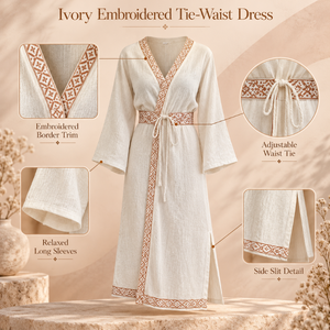 Vestido Kimono Color Marfil para Mujer con Adorno Bordado Geométrico y Cintura Ajustable con Lazo |     Elegante Vestido Largo con Abertura Lateral y Manga Larga - Product Image 5