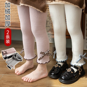Pantalones Térmicos de Cachemira Coreanos para Niños, Gruesos, Afelpados, con Volantes, Rayas Verticales, Lindos Lazos, Leggings Cálidos para Bebés - Product Image 2