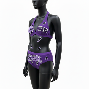 Conjunto de Bikini para Mujer, Tejido Texturizado Premium de Poliéster y Spandex, Color Morado, Estilo Halter, con Parche de Chenilla - Product Image 4