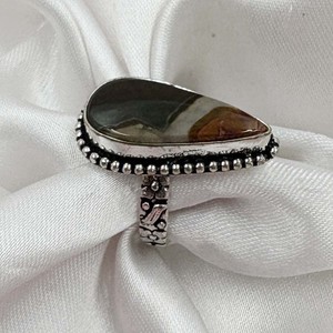 Natural Brass Imperial Jasper Bezel Setting 925 Silver Plated Trendy Unisex Pear Cut Gemstone <b>Statement</b> <b>Ring</b> Wholesale - Product Image 3