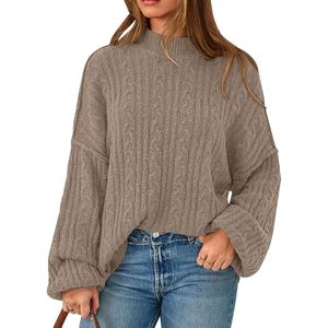 Custom Taupe Women Oversized Sweaters High Quality Soft <b>Acrylic</b> Cable Texture Balloon Sleeve Warm Mock Neck Jumpers - Product Image 1