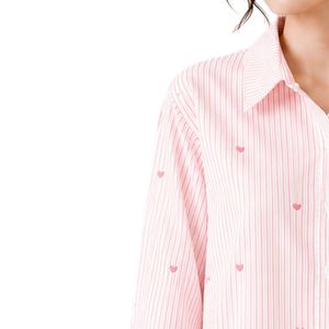 Camisa de Mujer a Rayas Rosa y Blanca con Botones, Blusa de Algodón de Manga Larga con Bordado de Corazón, Ajuste Holgado, Estilo Casual, Top Oversize - Product Image 3