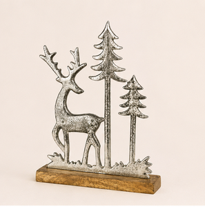 High-Quality Handmade Aluminium Reindeer Sculpture With Mango Wood Base Elegant Silver Metal Christmas <b>Tree</b> Scene For Festive - Product Image 3
