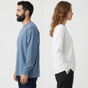 T-shirt unisexe à manches longues col rond 100 % coton, décontracté, uni, en jersey, coupe oversize - Product Image 2