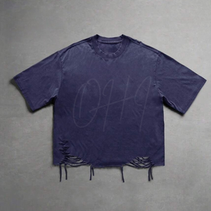 Camiseta Oversize Vintage Lavada y Desgastada para Hombre, Estilo Urbano, con Dobladillo Deshilachado, de Algodón, con Logotipo Personalizado, Casual, Ecológica y Transpirable - Product Image 1