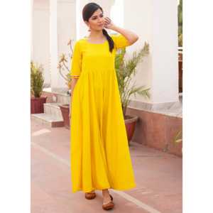 Robe Kesariya Gulab jaune vif avec dupatta en Gota, respirante, taille XS, élément de mode couleur contrastée, taille naturelle, coupe trapèze, pour le quotidien - Product Image 2
