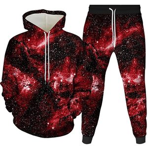 Ensemble de survêtement unisexe violet à imprimé galaxie en polyester à séchage rapide, avec sweat à capuche et pantalon, tenue décontractée d'automne à manches longues avec cordon de serrage - Product Image 3