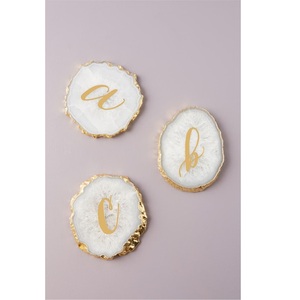 Custom <b>Initial</b> Letter Resin Agate <b>Coaster</b> Luxury Gold Foil Trim Natural Stone Style Drink <b>Coaster</b> Set for Home Wedding Gift - Product Image 1