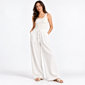 100% Linen Wide Leg Elastic Waist Women Pants Casual Wear <b>Trouser</b> High Quality Sustainable <b>Summer</b> Wholesale Supplier - Product Image 2