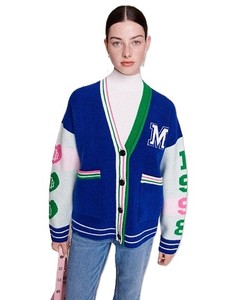 Cardigan en laine/acrylique tricoté pour femme, manches longues, col en V, style preppy, fermeture boutonnée unie, respirant, bleu, vert, blanc, taille haute - Product Image 1
