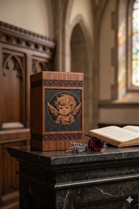 Urne funéraire en bois brun de style européen avec motif d'ange pour bébé, personnalisable - Product Image 2