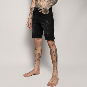 Shorts Bermuda en jean noir déchiré pour homme, taille mi-haute, fermeture éclair, décontracté, en coton tissé respirant, coupe ajustée, écologique, anti-UV, séchage rapide - Product Image 5