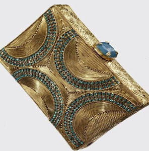 Ornate gold lace overlay on a <b>silver</b> satin box clutch. The perfect party accessory. Available at wholesale prices. - Product Image 4