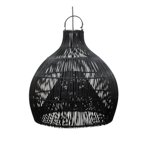 Lustre suspendu rond en rotin tissé noir fait à la main avec source de lumière LED, décoration moderne minimaliste pour la maison - Product Image 1