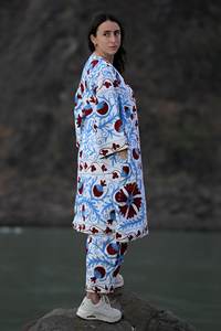 Casual And Relaxed Occasions Suzani Embroidered White Handwoven Women's Cotton Jacket & Pant Cord <b>Set</b> With Pocket & Flare Sleeve - Product Image 6
