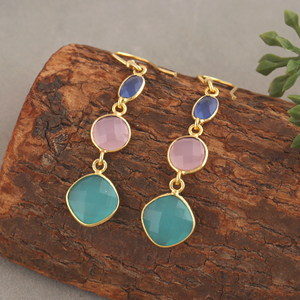 Multiple chalcedony checker cut fancy stone bezel setting drop <b>hook</b> <b>earring</b> handmade 18k gold plated gemstone dangle ear jewelry - Product Image 2