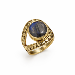 Brass Cocktail <b>Ring</b> with Natural <b>Labradorite</b> Stone Bezel Setting Handmade Heart Pattern Bohemian Style Unisex Fashion <b>Ring</b> - Product Image 1