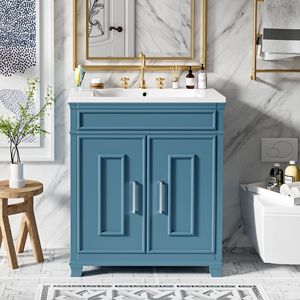 Mobile bagno freestanding da 30 pollici con lavabo in resina, ripiano portaoggetti e armadietto - I migliori mobili bagno di Sol - Product Image 3
